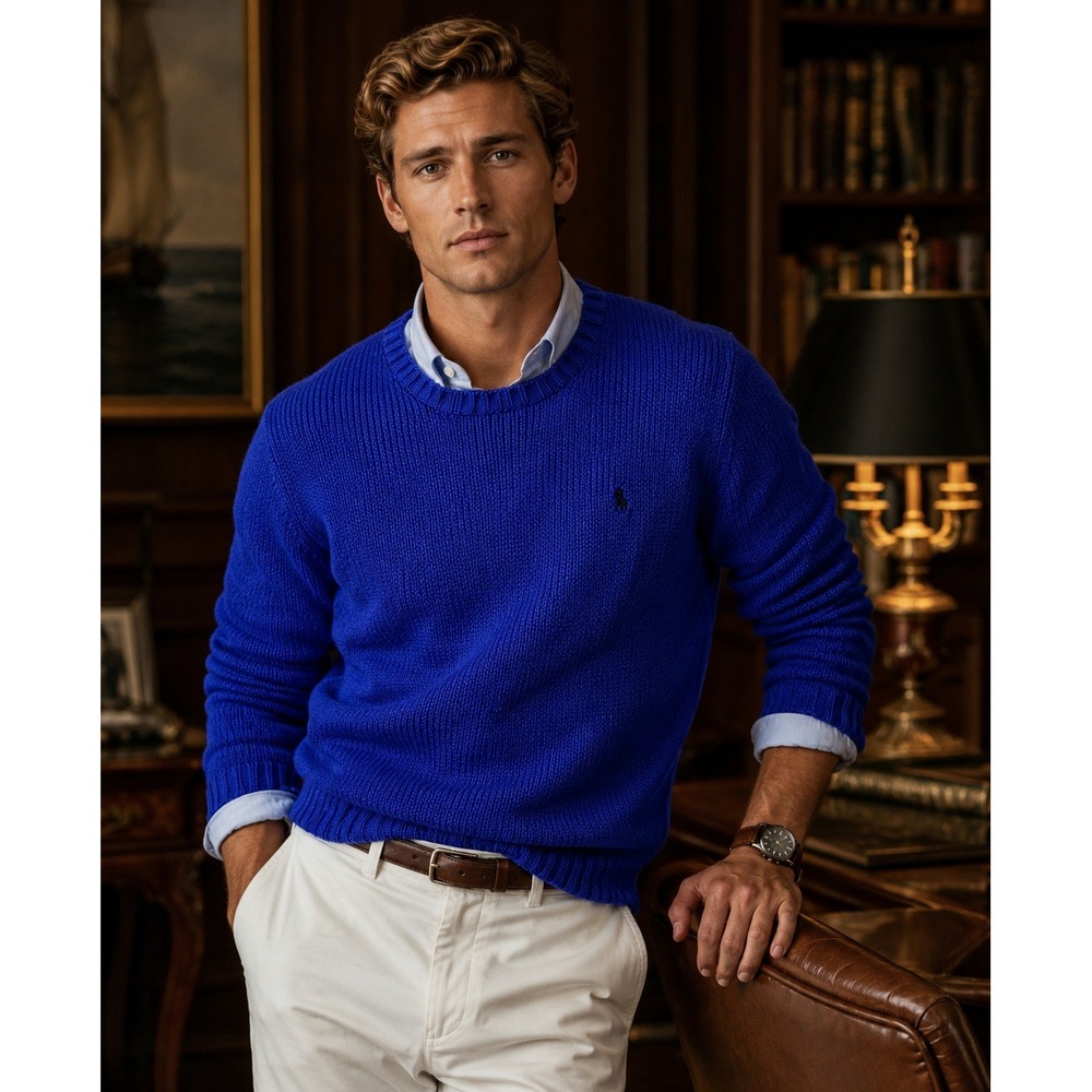 Polo Ralph Lauren Men Blue Knit Crewneck Sweater XL Cotton Wool Blend‎